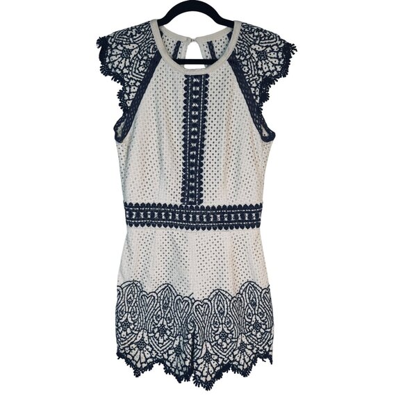 Saylor Ivory & Navy M Lace Embroidered Romper Open Back & Ribbon Tie Detail - Picture 4 of 15